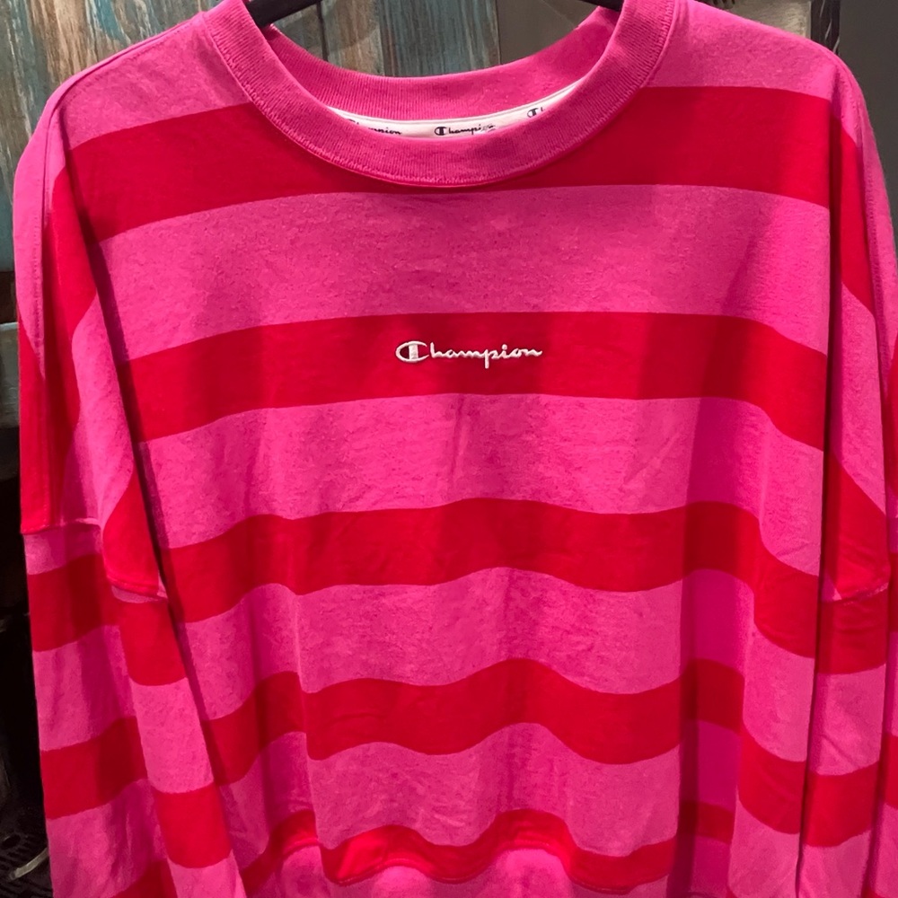 Champion Bold Pink and Red Striped Crewneck